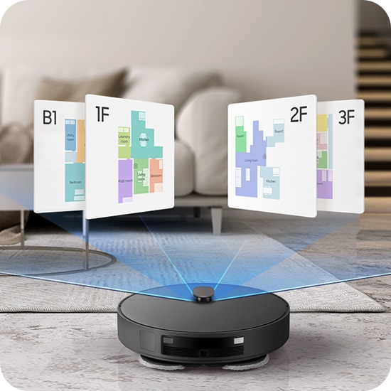 거실을 배경으로 이미지 왼쪽 부분에는 베이지 톤의 소파가 놓여 있고, 이미지 오른쪽 부분에는 2층으로 올라가는 계단이 있습니다. 이미지 중간 부분에는 Bespoke AI 스팀 울트라의 뒷모습이 놓여 있고 Bespoke AI 스팀 울트라 위에 지하 1층, 1층, 2층, 3층을 포함한 4개의 층별 지도가 스팀 울트라 상단에 나열되어 있습니다.