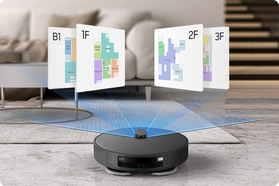 거실을 배경으로 이미지 왼쪽 부분에는 베이지 톤의 소파가 놓여 있고, 이미지 오른쪽 부분에는 2층으로 올라가는 계단이 있습니다. 이미지 중간 부분에는 Bespoke AI 스팀 울트라의 뒷모습이 놓여 있고 Bespoke AI 스팀 울트라 위에 지하 1층, 1층, 2층, 3층을 포함한 4개의 층별 지도가 스팀 울트라 상단에 나열되어 있습니다.