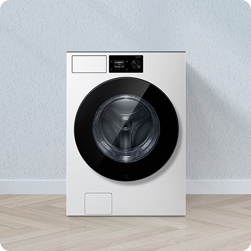 엷은 분홍색 벽과 흰 바닥으로 된 공간입니다. 엷은 분홍색 벽 중간 앞에 세탁기가 있는 이미지입니다.