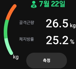 체성분의 GUI 화면으로 BIA 센서를 설명하는 워치 페이스 위젯입니다. 날짜는 5월 12일이며 사용자의 골격근량은 26.5 kg, 체지방률은 25.2 %입니다.