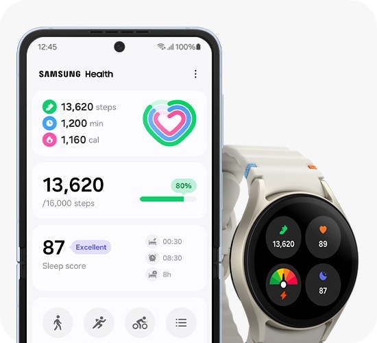 갤럭시 워치7이 일일 활동량을 표시하고 페어링된 삼성 갤럭시 스마트폰이 삼성 헬스 앱에서 수면 시간, 걸음 수 그리고 소모된 칼로리 등을 포함한 상세한 활동 통계를 표시하고 있습니다.