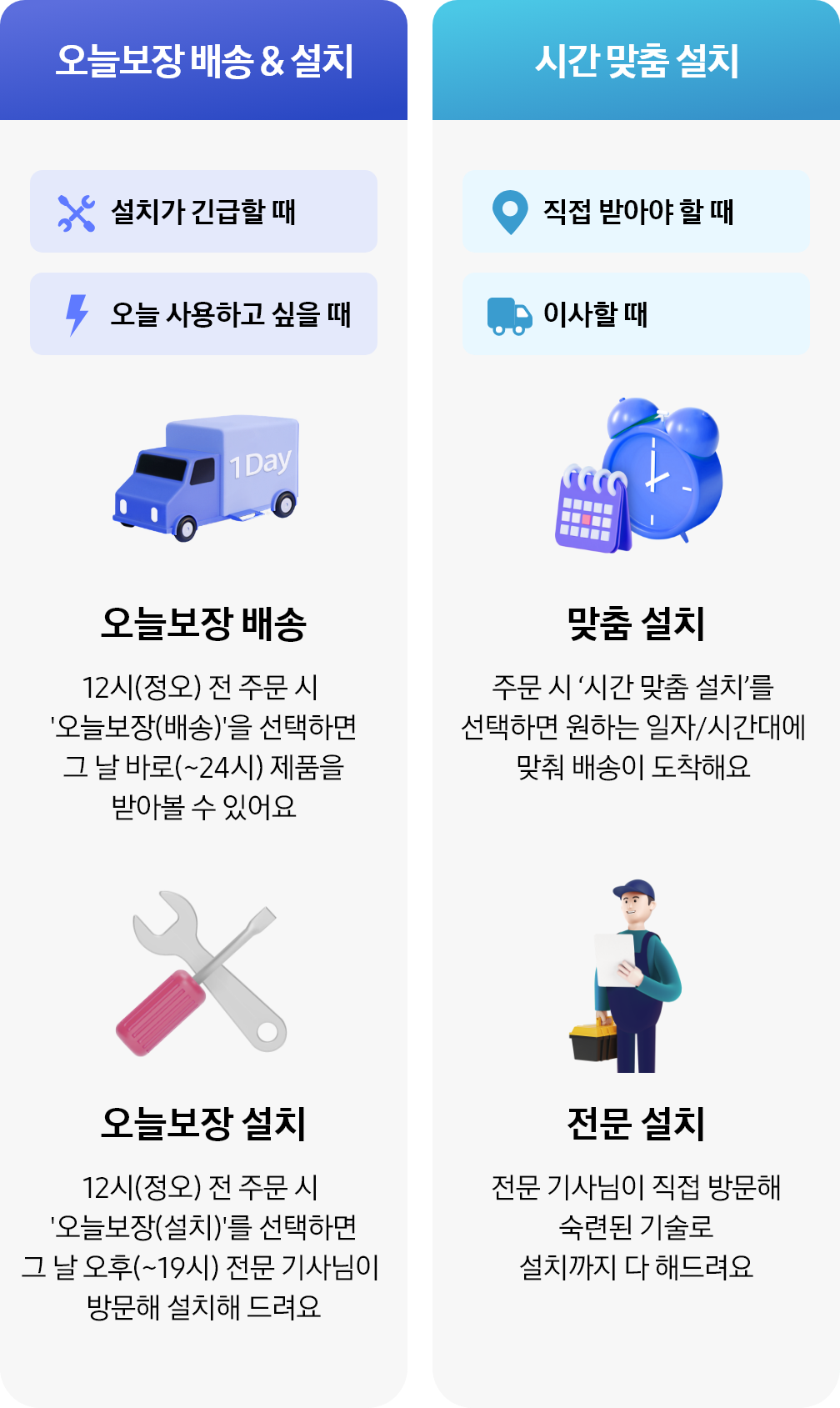 오늘보장 배송 및 설치, 시간 맞춤 설치 소개