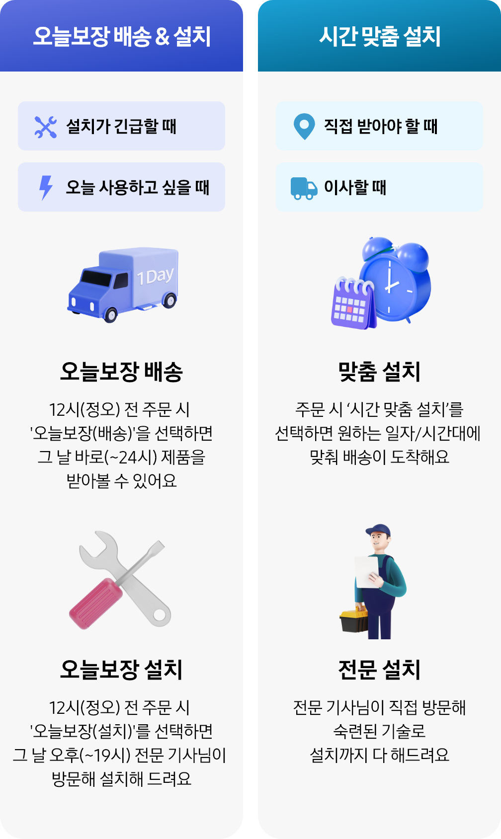 오늘보장 배송 amp;amp; 설치, 시간 맞춤 설치 소개