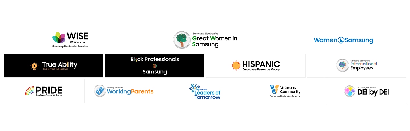 WISE Women+ in Samsung Electronics America, Samsung Electronics Great Women in Samsung, Women Samsung, True Ability Unlock your superpower, Black Professionals@Samsung, HISPANIC Employee Resource Group, Samsung Electronics International Employees, PRIDE Employee Resource Group, Working Parents, SAMSUNG Leaders of Tomorrow, Veterans Community Samsung Electronics America, Samsung Electronics DEI by DEI