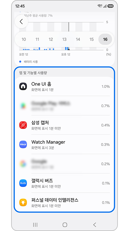 배터리 사용 내역화면에서 앱 목록과 사용량 표시된 모습