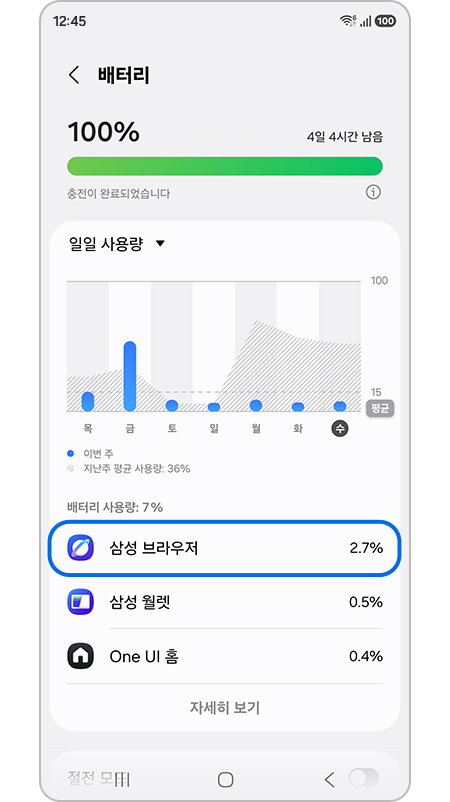 삼성 브라우저 앱이 강조된 모습