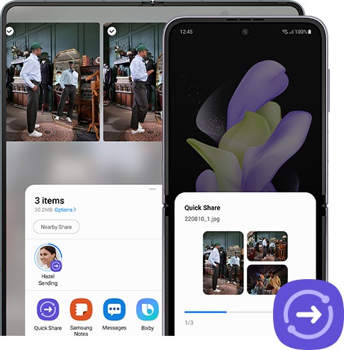 Galaxy Z Fold4 и Galaxy Z Flip4 раскрыты с отображением основного экрана. На экране Galaxy Z Fold4 открыто приложение Gallery с всплывающей панелью Quick Share сверху. На экране Galaxy Z Flip4 всплывающее окно Quick Share с фотографией из Gallery другого смартфона, скачанной через Quick Share.