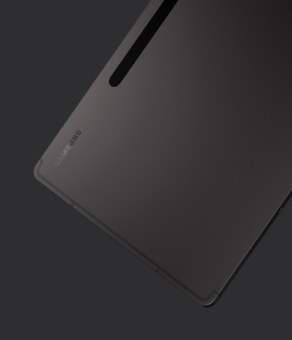 Galaxy Tab S8+ con acabado en Grafito vista desde la parte posterior y ligeramente lateral para mostrar el diseño delgado.
