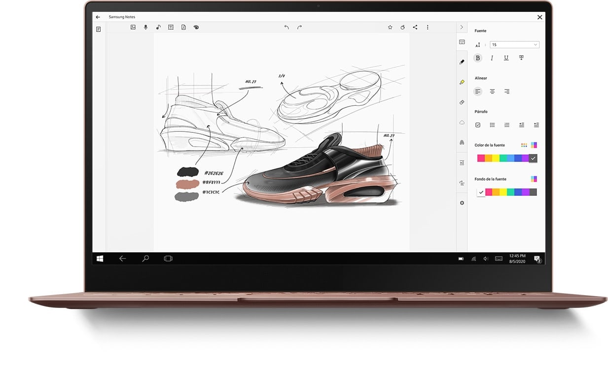 Computadora portátil con la aplicación Samsung Notes en la pantalla y un dibujo de un zapato como se ve en el Galaxy Note20 Ultra y en la tableta.