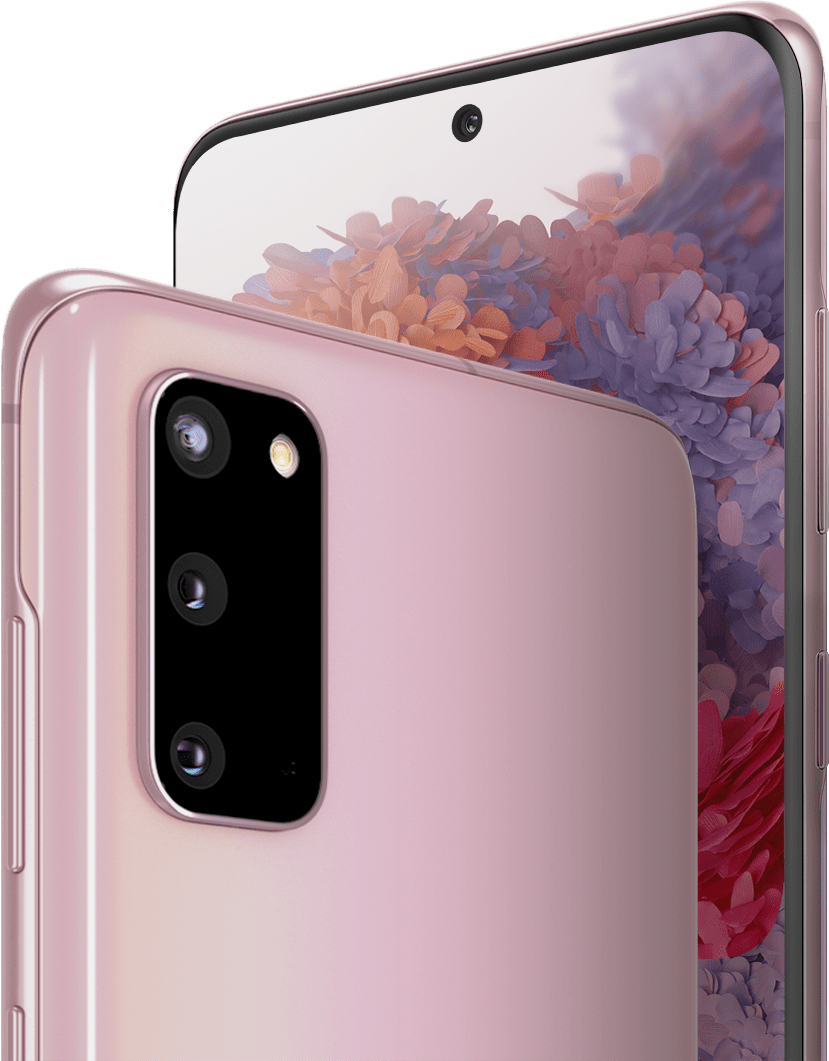 Dos teléfonos Galaxy S20 en Rosa Nube, uno visto desde la parte posterior y uno visto desde el frente con el fondo de pantalla gráfico de flores en la pantalla, que muestra la ubicación de las cámaras. En la parte delantera está la cámara frontal de 10MP, y en la parte trasera está la cámara ultra ancha de 12MP, la cámara gran angular de 12MP y la cámara de telefoto de 64MP.