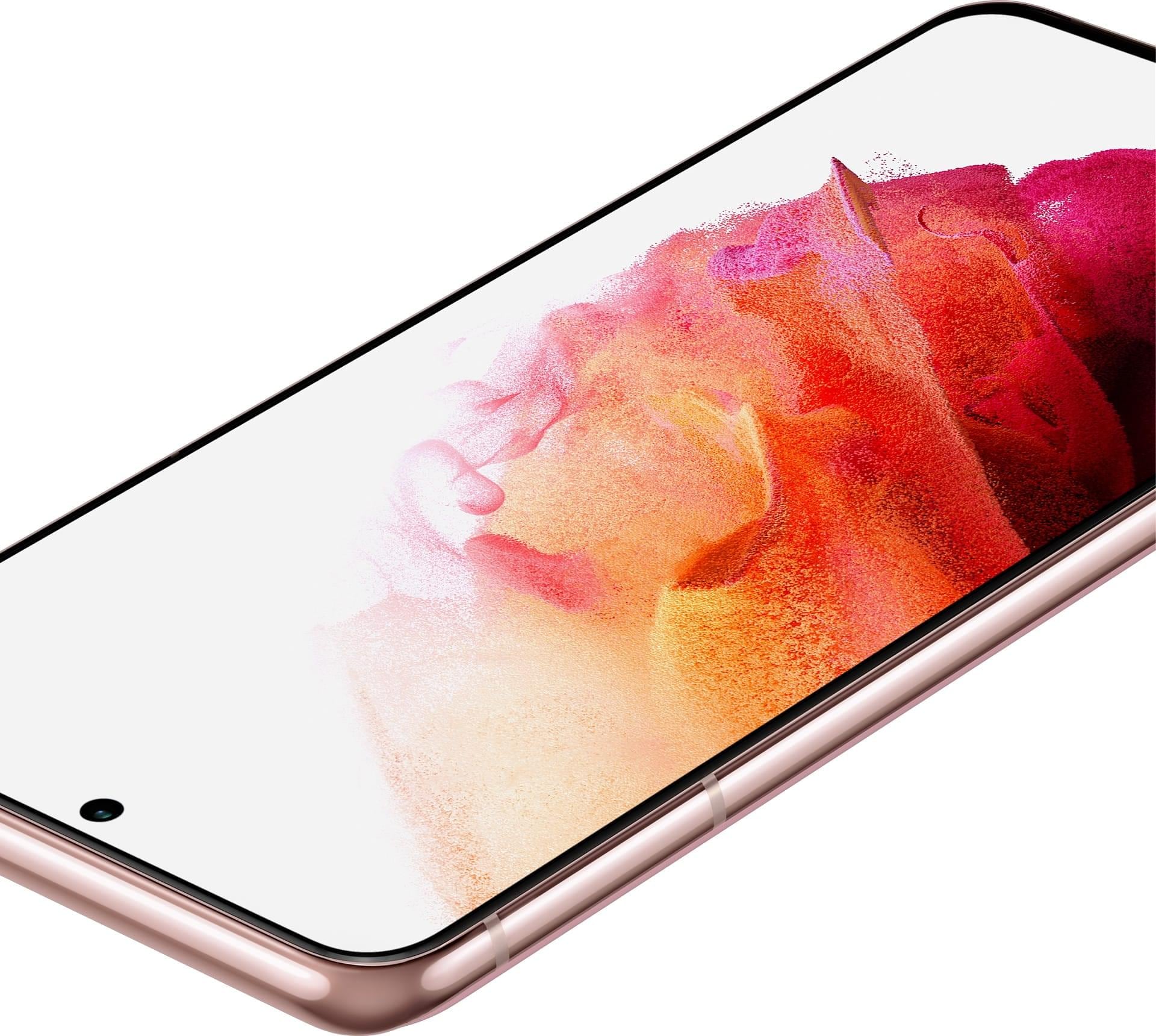 Primer plano del Galaxy S21 5G en Phantom Pink plano en ángulo con un fondo de pantalla con gráfico de coral que muestra los colores brillantes y vívidos de la pantalla.