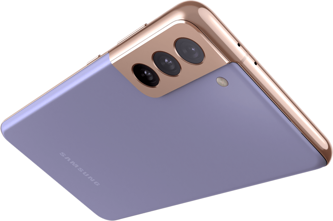 Dos teléfonos Galaxy S21+ 5G en violeta fantasma se ven en ángulo y desde la parte posterior. Los dos teléfonos se separan y se alejan entre sí.