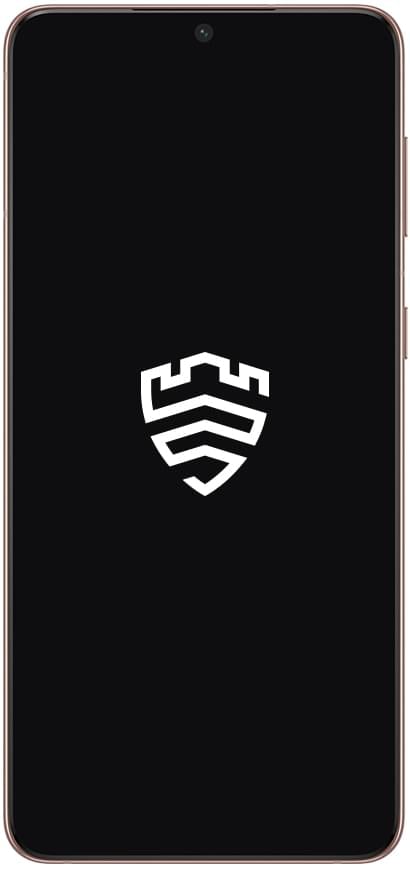 Galaxy S21+ 5G visto desde el frente con el logotipo blanco de Samsung Knox en la pantalla.