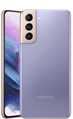 Two Galaxy S21 5G phones in Phantom Violet, one seen from the rear and one seen from the front with a purple graphic wallpaper onscreen.