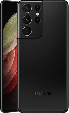 Dos teléfonos Galaxy S21 Ultra 5G en color Phantom Black, uno visto desde la parte posterior y el otro visto desde el frente con un fondo de pantalla gráfico rojo.