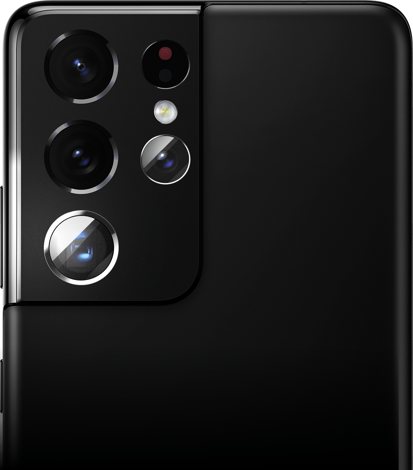 Primer plano de la cámara posterior del Galaxy S21 Ultra 5G en Phantom Black con cámara de telefotografía resaltada.