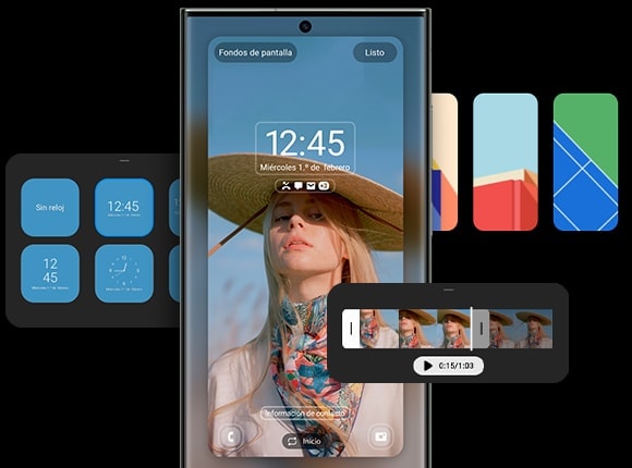 Galaxy S23 Ultra visto desde el frente con la configuración de la pantalla de bloqueo abierta. Las notificaciones, el estilo y la ubicación del reloj se pueden modificar, se pueden aplicar videos y se pueden cambiar los fondos a través de la personalización de la pantalla de bloqueo.