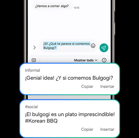 Se escribe un borrador de mensaje de texto en la barra de envío. '¡Excelente! ¿Qué pasa con el bulgogi?” Se sugiere una frase alternativa en diferentes tonos. El tono informal dice: '¡Increíble! ¿Qué tal bulgogi?” El tono social dice: “¡Bulgogi es un intento imprescindible! Hashtag Barbacoa coreana'