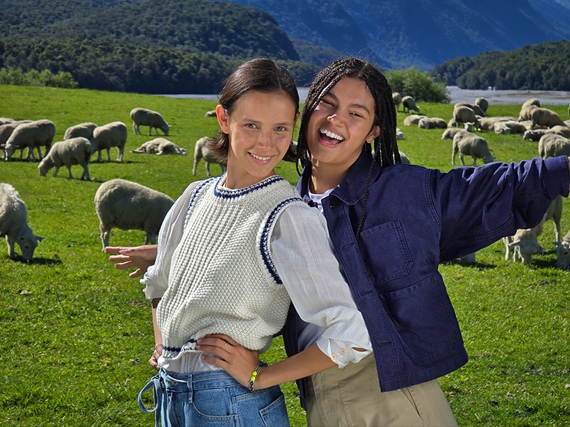 Retrato de dos amigos con un campo abierto y montañas en el fondo con zoom óptico de 5x.