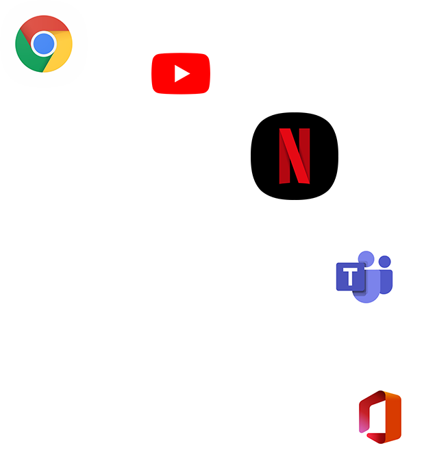 Varios íconos de aplicaciones forman un arco, incluidos Google Chrome, YouTube, Netflix, Microsoft Teams y Microsoft Office.