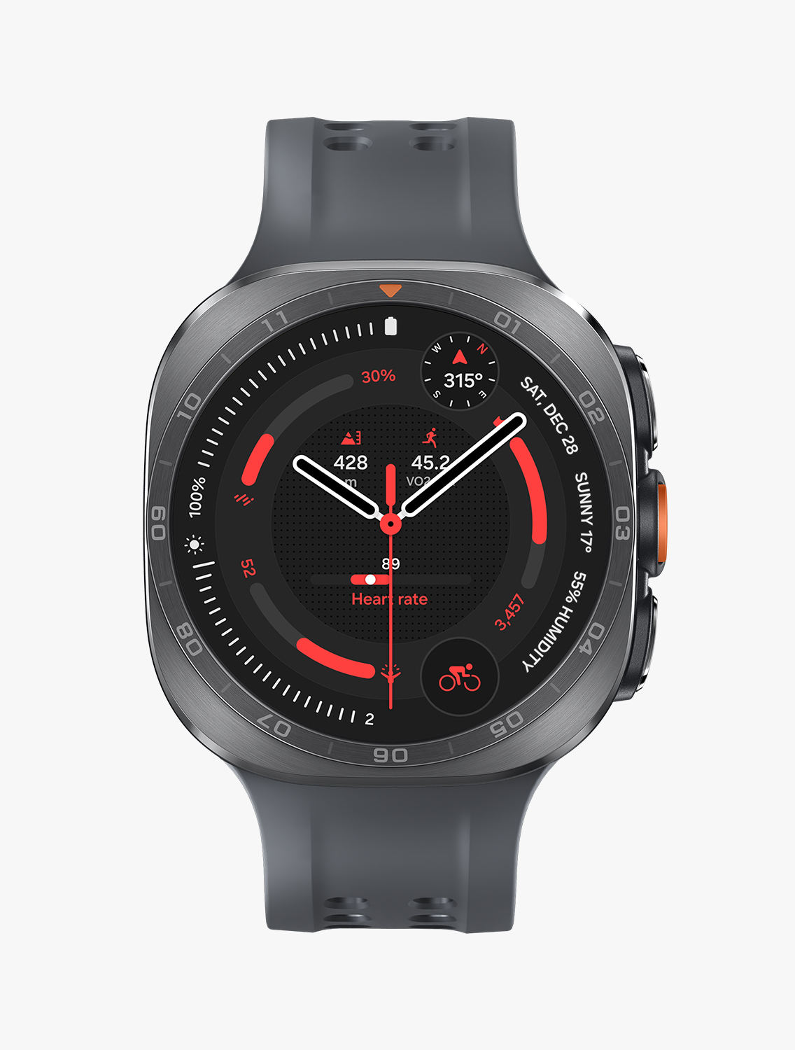 Front view and close-up angled view of Galaxy Watch Ultra2 with a Marine Band in Black, displaying a cycling exercise watch face.