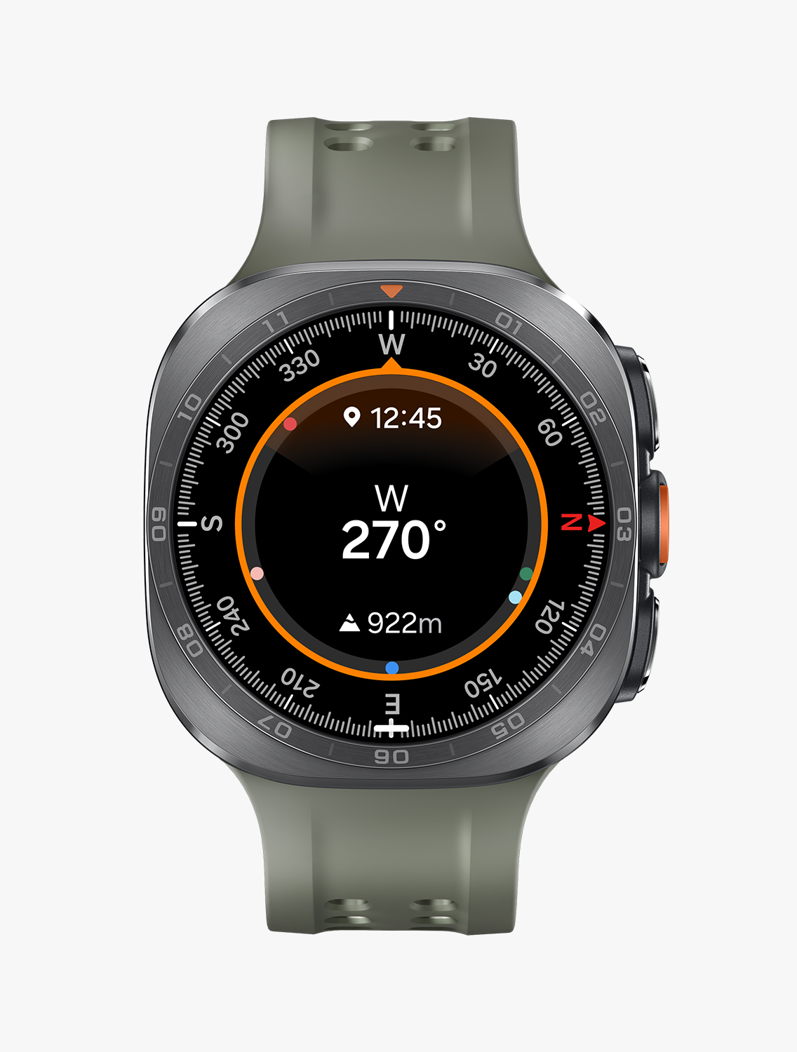 Front view and close-up angled view of Galaxy Watch Ultra2 with a Marine Band in Olive, displaying a Compass watch face.