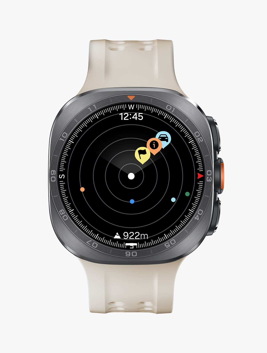 Front view and close-up angled view of Galaxy Watch Ultra2 with a Marine Band in Mocha, displaying a Compass watch face.