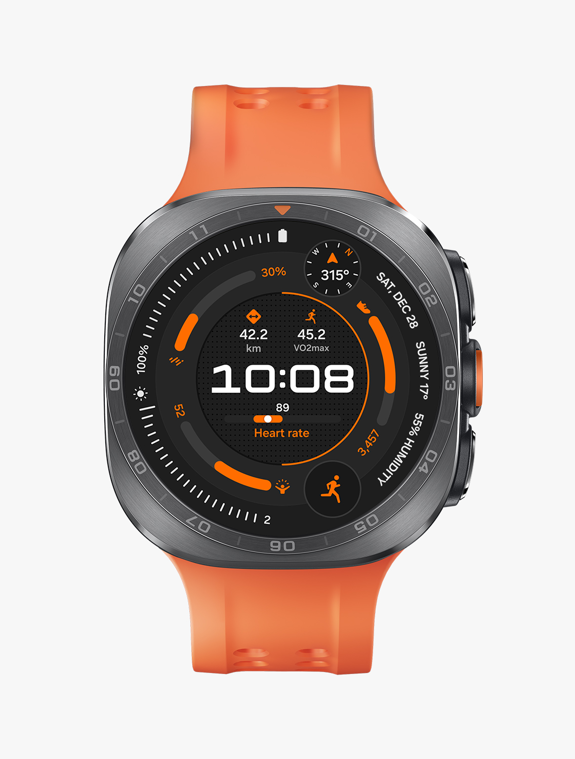 Front view and close-up angled view of Galaxy Watch Ultra2 with a Marine Band in Orange, displaying a running exercise watch face.