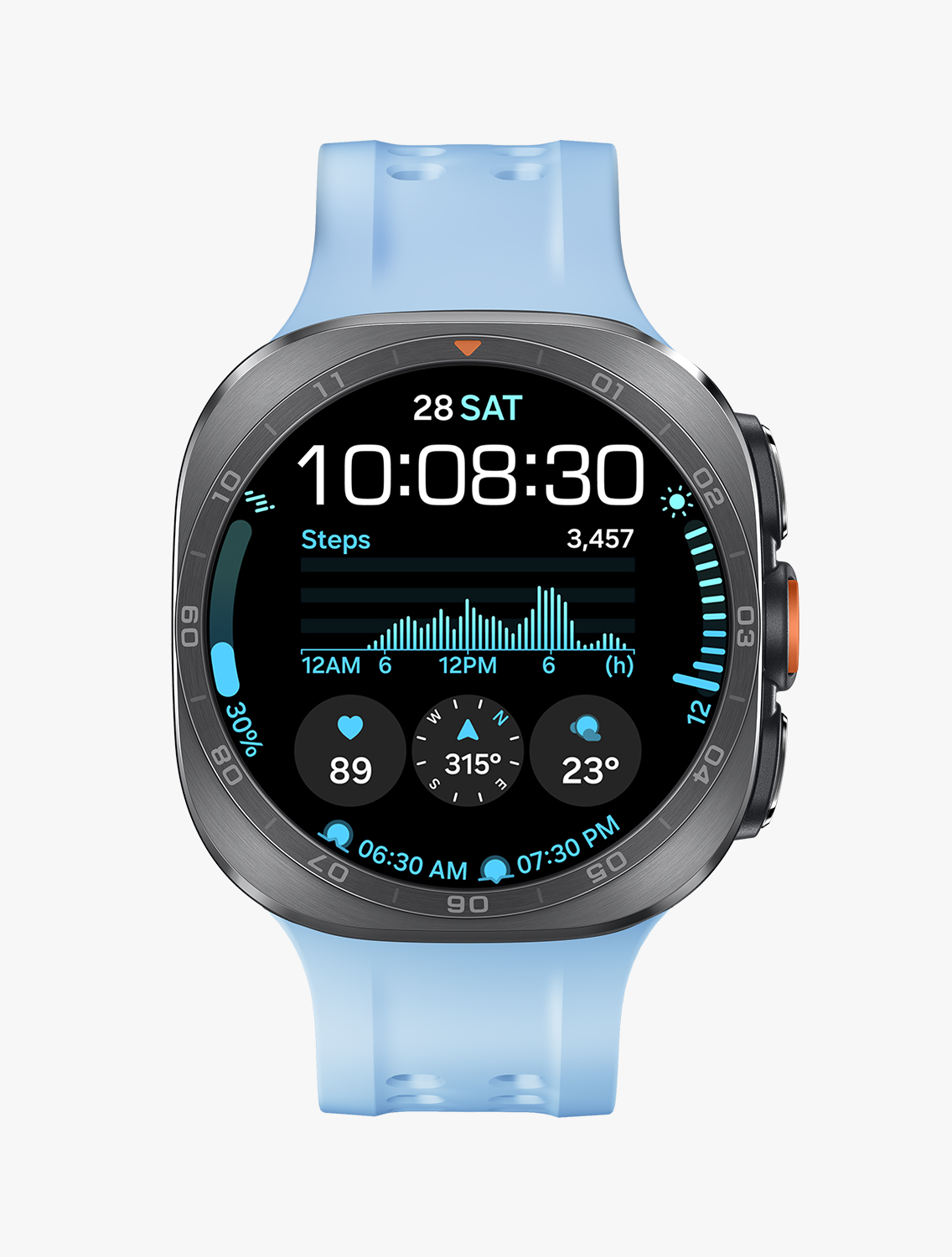Front view and close-up angled view of Galaxy Watch Ultra2 with a Marine Band in Blue, displaying a watch face with information such as date, time, number of steps, weather, heart rate, compass, sunrise and sunset.