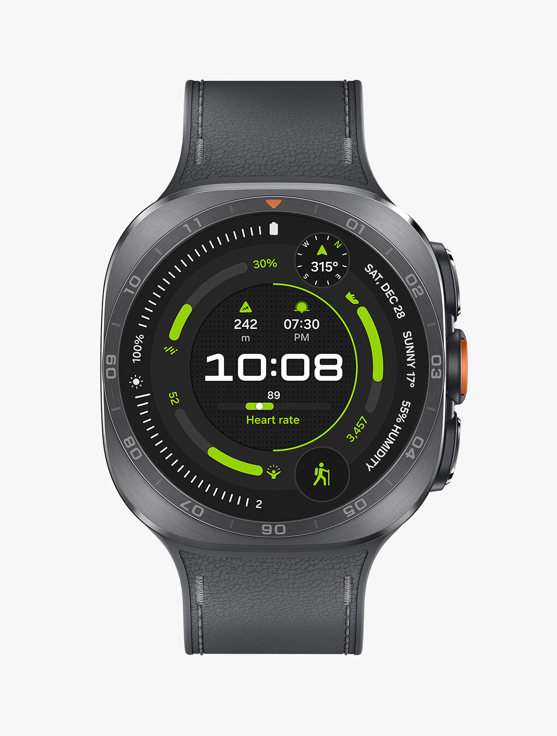 Front view and close-up angled view of Galaxy Watch Ultra2 with a PeakForm Band in Black, displaying a hiking exercise watch face.