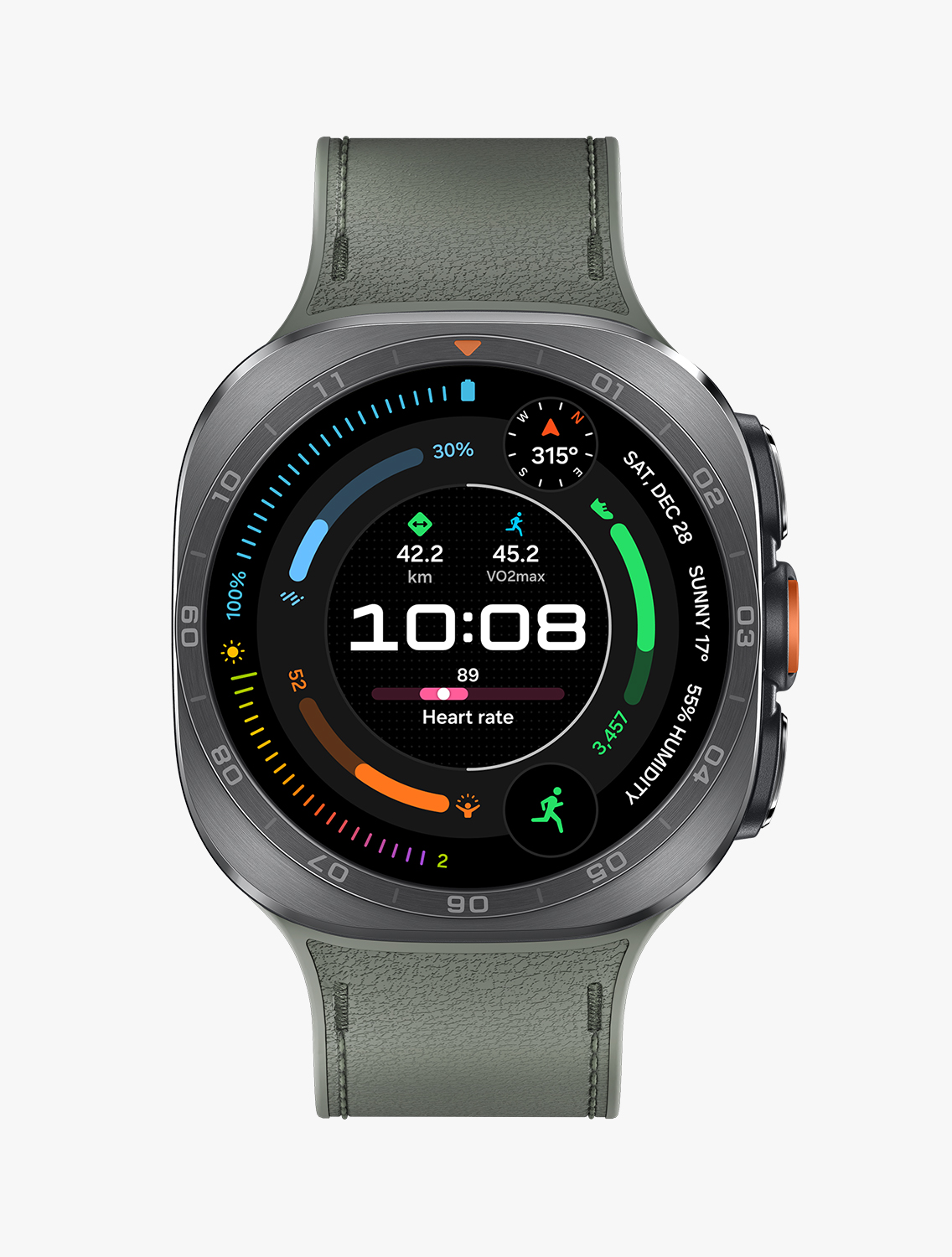 Front view and close-up angled view of Galaxy Watch Ultra2 with a PeakForm Band in Olive, displaying a running exercise watch face.