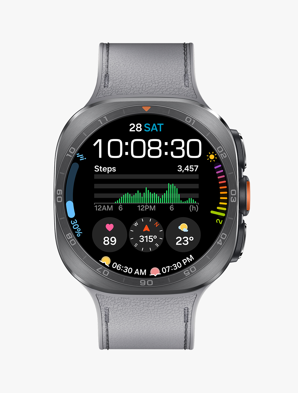 Front view and close-up angled view of Galaxy Watch Ultra2 with a PeakForm Band in Gray, displaying a watch face with information such as date, time, number of steps, weather, heart rate, compass, sunrise and sunset.