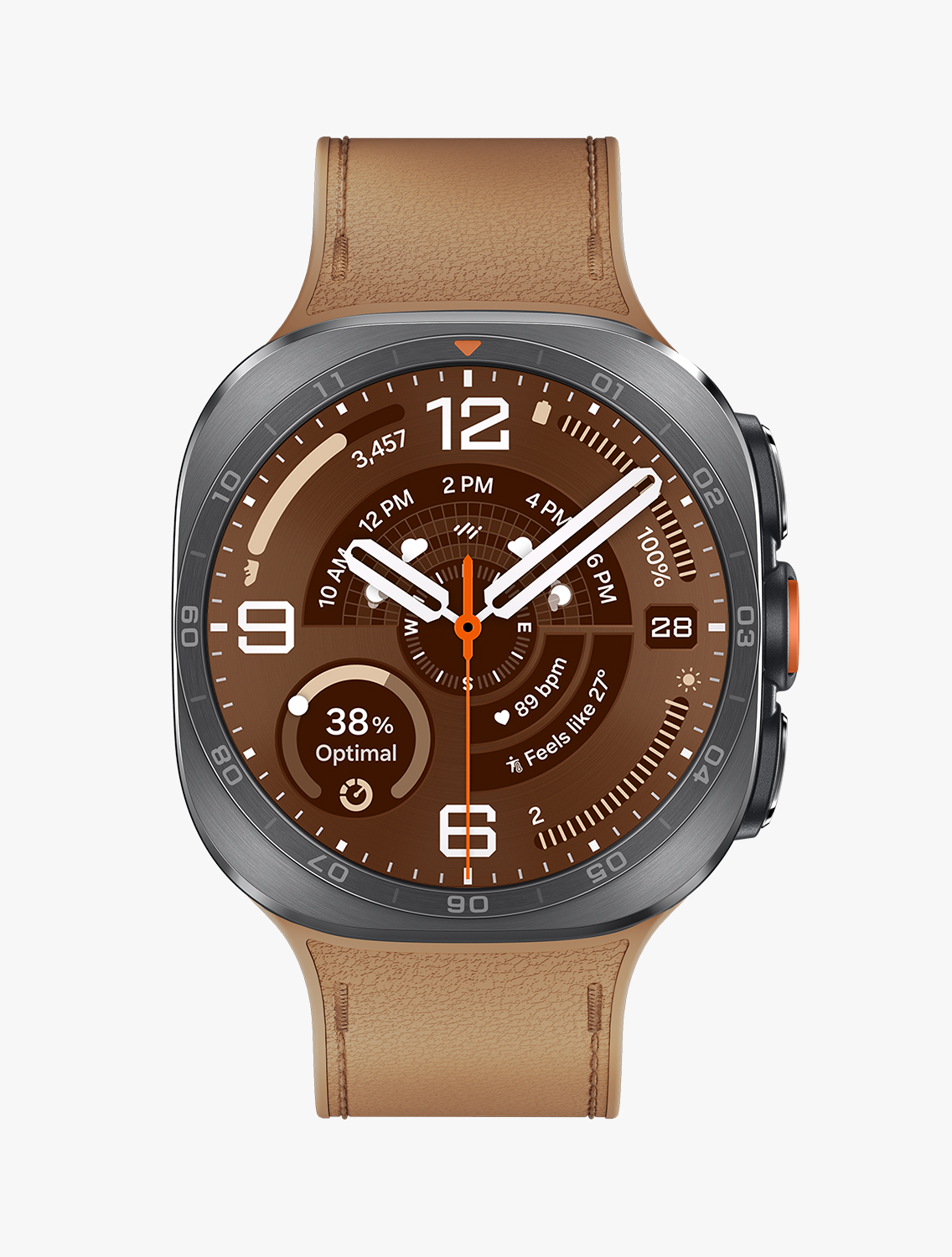 Front view and close-up angled view of Galaxy Watch Ultra2 with a PeakForm Band in Camel, displaying a watch face with information such as time, date, number of steps, weather, battery percentage, heart rate and compass.