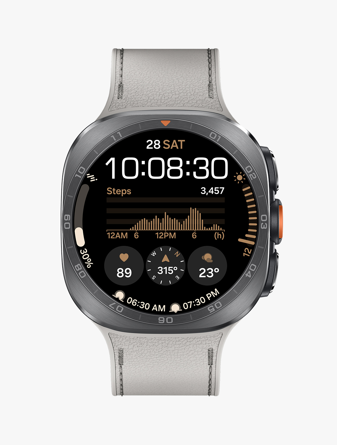 Front view and close-up angled view of Galaxy Watch Ultra2 with a PeakForm Band in Taupe, displaying a watch face with information such as date, time, number of steps, weather, heart rate, compass, sunrise and sunset.