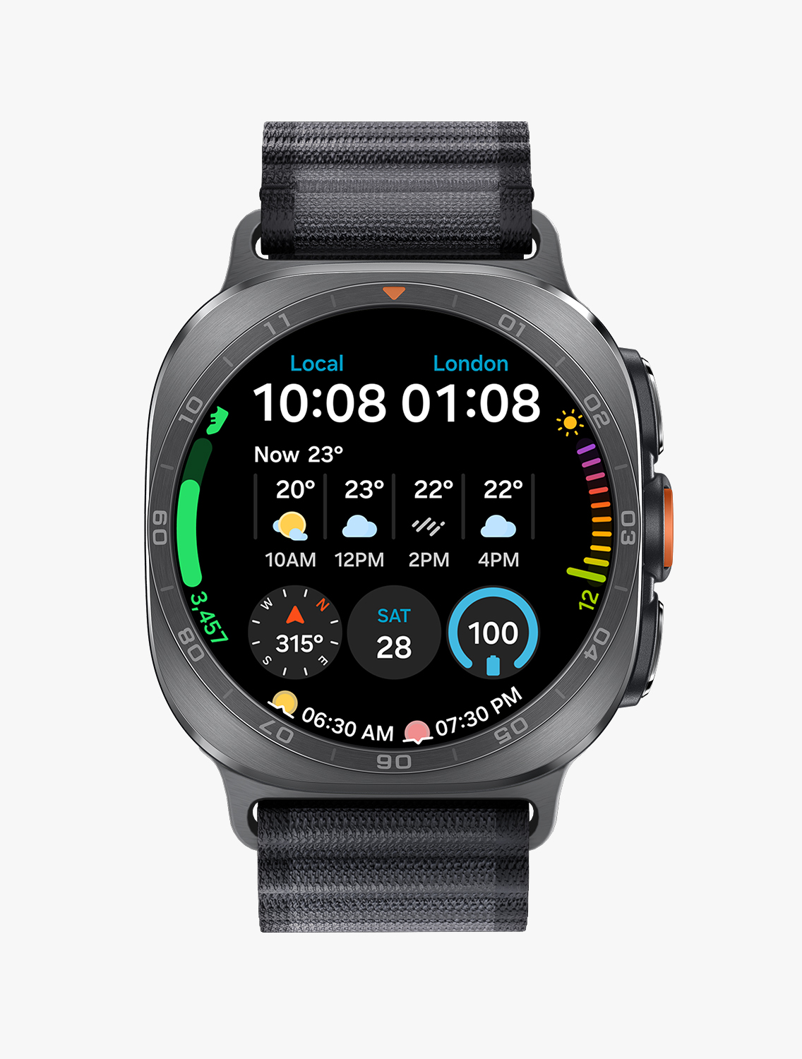 Front view and close-up angled view of Galaxy Watch Ultra2 with a Trail Band in Black, displaying a watch face with information such as Local and London time, weather, number of steps, compass, date, battery percentage, sunrise and sunset.
