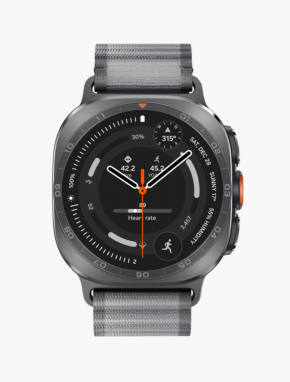 Front view and close-up angled view of Galaxy Watch Ultra2 with a Trail Band in Gray, displaying a running exercise watch face.