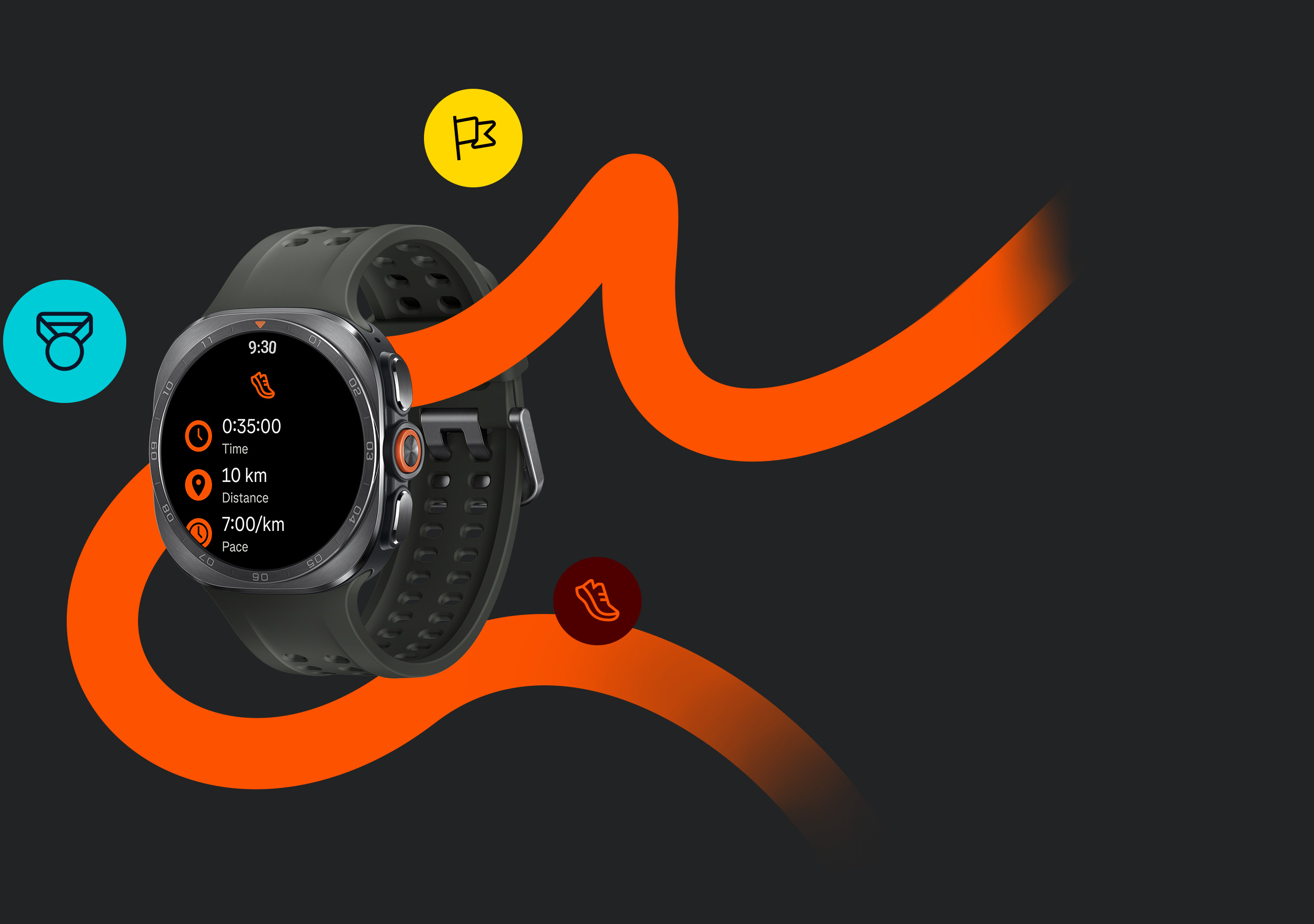 Galaxy Watch Ultra2 in Titanium Silver with a Marine Band in Olive. Strava is open showing the current time, distance and pace for a run. Different Strava icons representing its features are shown around the watch.