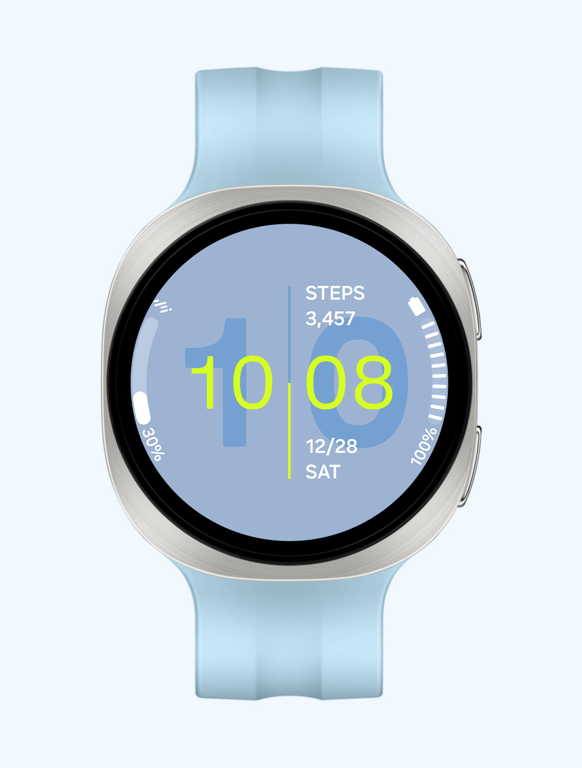 Front view and close-up angled view of Galaxy Watch9 with a Sport Band in Blue, displaying a watch face with information such as number of steps, time, date, weather and battery percentage.