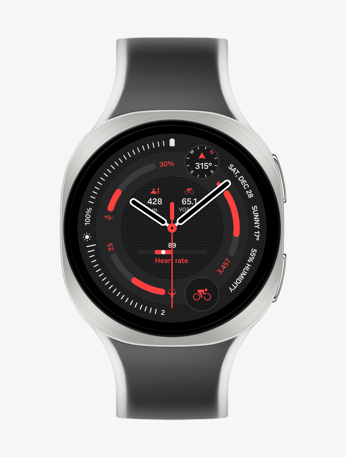 Front view and close-up angled view of Galaxy Watch9 with a Misty Band in Black, displaying a cycling exercise watch face.
