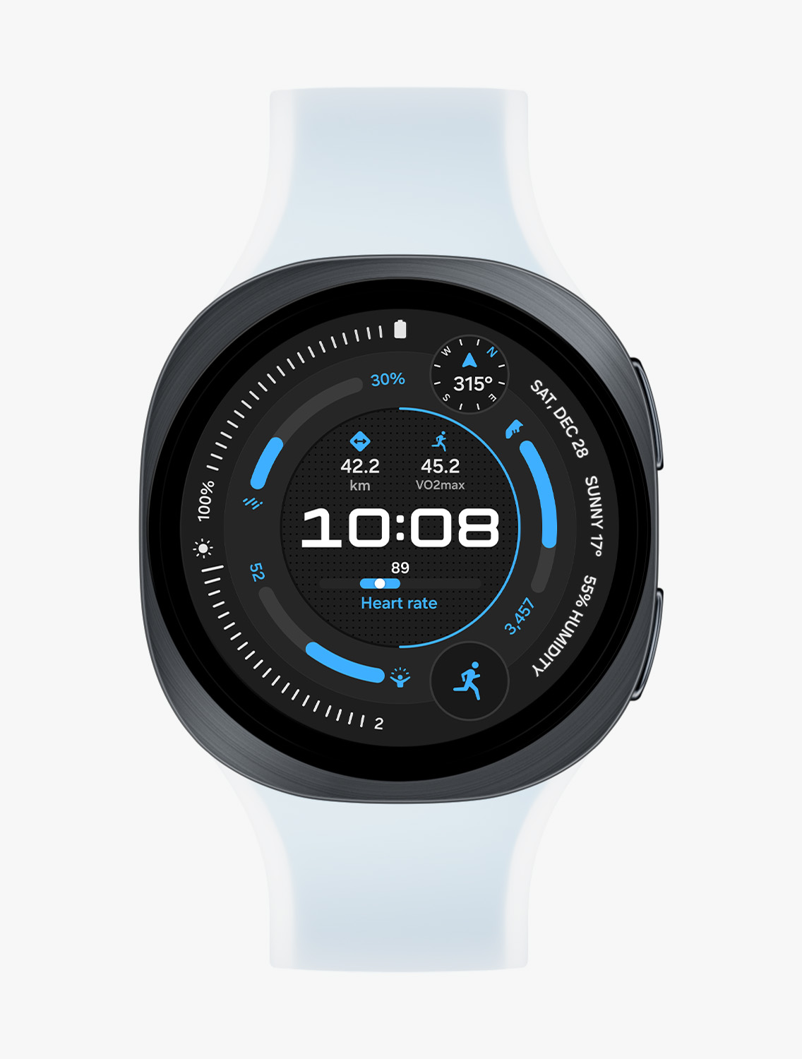 Front view and close-up angled view of Galaxy Watch9 with a Misty Band in Blue, displaying a running exercise watch face.