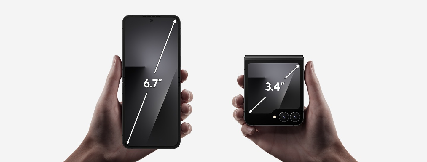 Two Galaxy Z Flip7 FE phones in Black are shown. One is shown unfolded with a 6.7 inch main screen. One is shown folded with a 3.4 inch cover screen, held in a hand to demonstrate its easy grip.