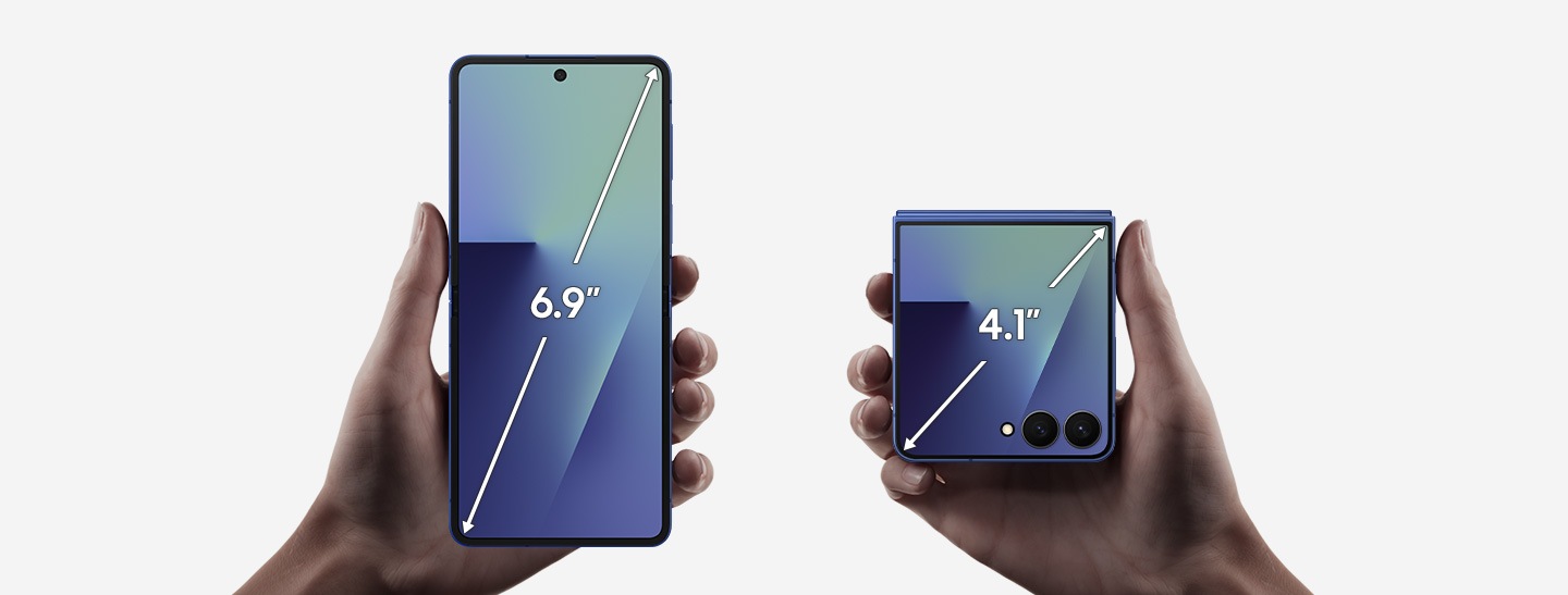Two Galaxy Z Flip7 phones in Blue Shadow are shown. One is shown unfolded with a 6.9 inch main screen. One is shown folded with a 4.1 inch cover screen, held in a hand to demonstrate its easy grip.