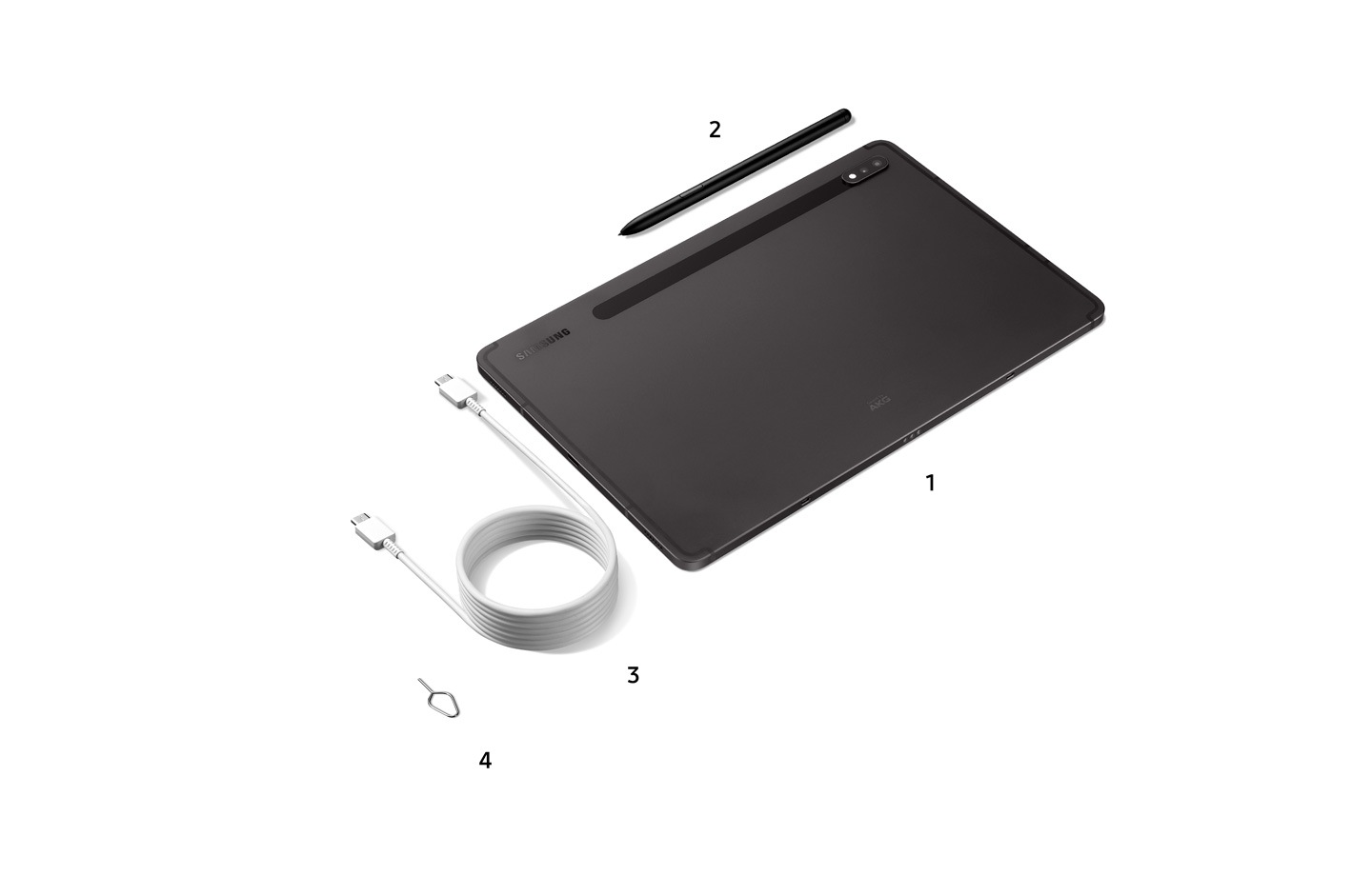 Four products are laying next to one another as part of the Galaxy TabS8 Package. The first is a Graphite Galaxy TabS8. The second is an S Pen. The third is a charging cable. The fourth is an ejection pin.