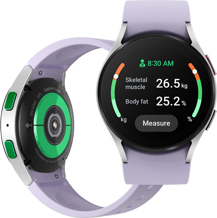 The underneath of a Galaxy Watch5 device is shown. On the right is a frontal view of the Watch5 Device with the BIA user interface reading Skeletal muscle 26.5kg, Body fat 25.2%, and time as 8:30 AM.