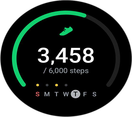 A Silver-bodied Galaxy Watch5 displaying counted steps in big white numbers '3,458 / 6000 steps', and the days of the week with Thursday highlighted.