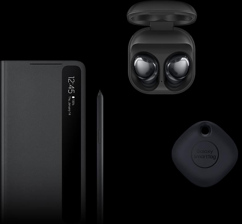 Flat lay of Smart Clear View Cover with S Pen, Galaxy Buds Pro in Phantom Black and Galaxy SmartTag in Black.