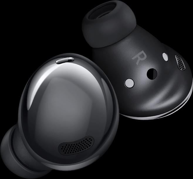 Galaxy Buds Pro earbuds in Phantom Black facing opposite directions.