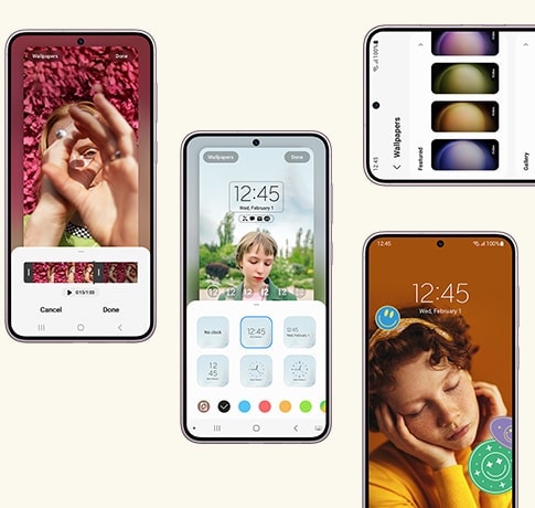 Four Galaxy S23 plus devices seen from the front. In one, a video editor is open to create video playback on the lock screen. Next, the clock style and location is being modified. Next, a selection of wallpapers. Next, a customized Lock Screen with stickers applied.