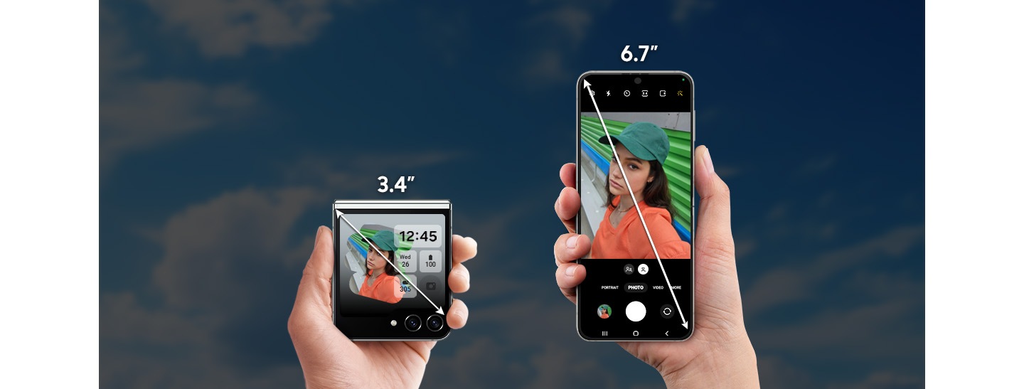 Measured diagonally, Galaxy Z Flip5 Flex Window is 3 point 4 inches and Main Screen is 6 point 7 inches.