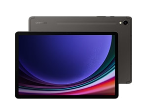 مشهد أمامي لجهاز Galaxy Tab S9 باللون Graphite مع خلفية زرقاء على الشاشة. ويوجد خلفه جهاز Galaxy Tab S9 Ultra آخر باللون Graphite معروض من الخلف ويَظهر عليه شعار Samsung.